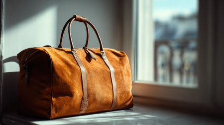 A beautifully crafted brown leather duffel bag placed on a marble surface, illuminated by soft sunlight from a window, accentuating its elegance and style.の素材
