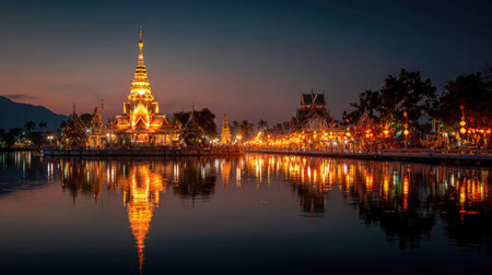 This captivating image showcases a traditional temple at twilight, beautifully illuminated beside a calm lake, creating a serene and tranquil atmosphere.の素材
