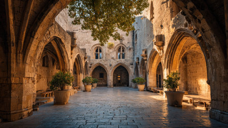 Explore a tranquil stone courtyard featuring beautiful arched passageways illuminated by soft sunlight. Lush greenery adds natural beauty to this historic architectural gem.の素材