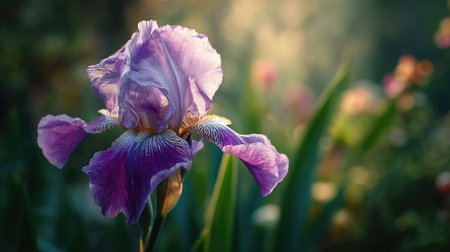 A beautiful purple iris flower stands elegantly in a tranquil garden setting, illuminated by soft natural light, showcasing delicate petals and vibrant colors.の素材