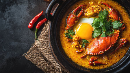 Enjoy a mouthwatering bowl of fresh crab cooked in a spicy sauce, topped with a perfectly cooked egg and fresh herbs, showcasing vibrant flavors.の素材