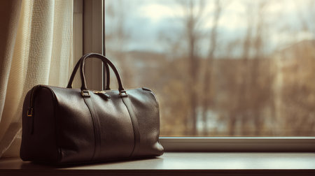 A beautifully crafted leather bag positioned on a windowsill captures the tranquil essence of nature outside, inviting feelings of warmth and adventure.の素材