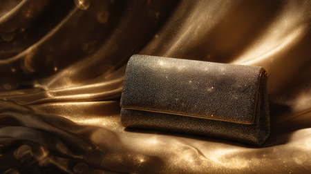 This image showcases an elegant golden clutch purse beautifully placed on luxurious satin fabric, creating a glamorous scene with shimmering light reflections.の素材