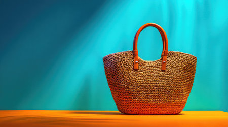 A stylish woven straw handbag with leather handles displayed against a vibrant colorful background, perfect for fashion or accessory-themed photography.の素材