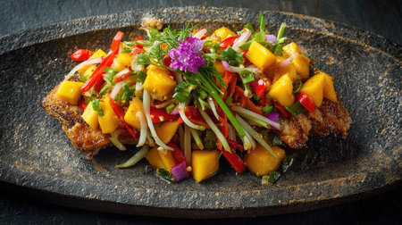 A beautifully presented grilled fish fillet topped with a vibrant mango salsa and colorful vegetables. Perfect for showcasing culinary creativity and freshness.の素材