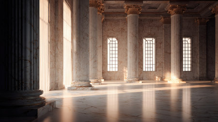 Explore the interior of a grand marble hall, featuring tall columns and elegant windows that let in warm sunlight, creating a serene atmosphere.の素材