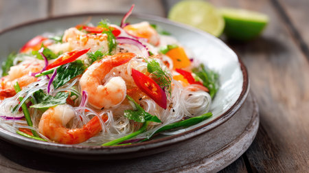 A vibrant shrimp noodle salad showcases fresh noodles, shrimp, and colorful vegetables, creating a delightful dish perfect for any dining occasion.の素材