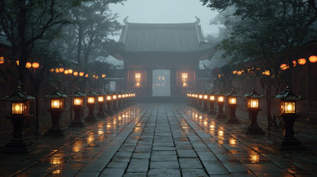 A mesmerizing view of a misty temple garden pathway, lined with glowing lanterns, creating a tranquil and serene atmosphere perfect for reflection.の素材