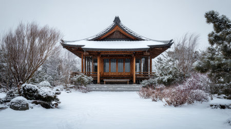 A picturesque wooden pavilion nestles within a snowy garden landscape, embodying tranquility and peace during winter's serene embrace, invoking calmness.の素材