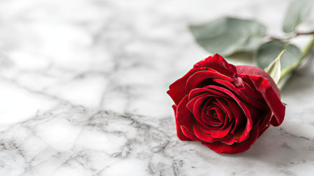 A stunning red rose rests gracefully on a smooth marble surface, embodying beauty and elegance. This image captures the essence of romance, perfect for various occasions.の素材