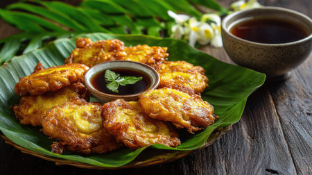 A vibrant plate of crispy fried snacks arranged on a banana leaf, served with a flavorful dipping sauce and fresh herbs, perfect for sharing.の素材