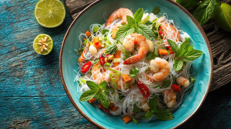 A vibrant shrimp salad featuring fresh herbs and colorful vegetables over rice noodles, set in a rustic bowl to showcase culinary creativity.の素材