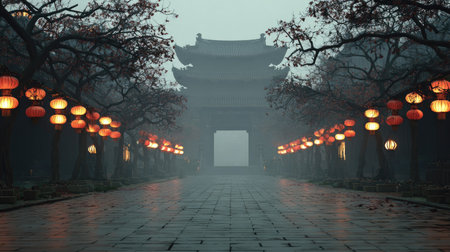 A tranquil pathway flanked by lantern-lit trees leads to an ornate historic gateway, enveloped in a serene mist, creating a peaceful atmosphere.の素材