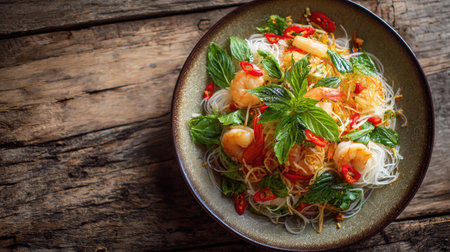 A vibrant Asian noodle salad featuring shrimp, fresh herbs, and chili arranged artfully in a rustic bowl on a wooden table, perfect for food lovers.の素材