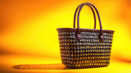 This elegant handcrafted woven basket features a striking design that complements any decor. Its vibrant yellow background highlights the artistry and craftsmanship.の素材