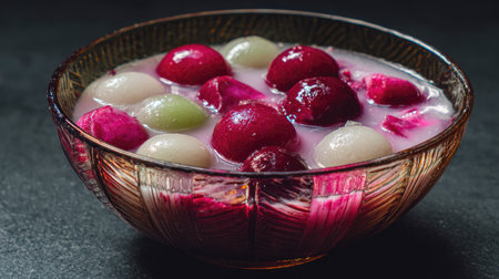A captivating bowl filled with colorful fruit balls in a creamy coconut milk sauce, perfect for a refreshing dessert, snack, or special occasion treat.の素材