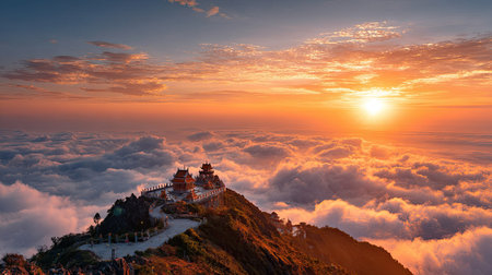 Experience the enchanting beauty of a sunrise illuminating a mountain temple, surrounded by fluffy clouds and a vibrant sky, creating a serene atmosphere.の素材