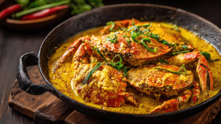 A beautifully arranged serving of freshly cooked crab in a spicy sauce, garnished with herbs on a wooden table, perfect for seafood lovers.の素材