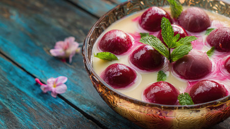 An inviting bowl of creamy dessert featuring red sweet dumplings garnished with vibrant mint leaves, set against a rustic wooden background.の素材