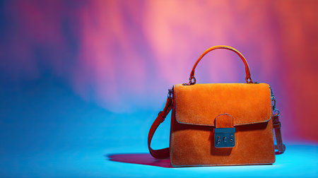 This elegant orange handbag sits proudly against a vibrant gradient background, showcasing modern fashion and luxury accessories with artistic flair.の素材
