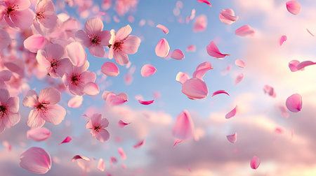 This captivating image captures pink cherry blossom petals gracefully floating in the air against a serene pink and blue sky, evoking feelings of tranquility and springtime beauty.の素材