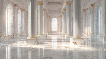 Experience the beauty of an elegant marble hall featuring grand columns and abundant natural light, creating a serene and luxurious atmosphere.の素材