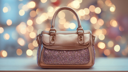 A stylish glitter handbag stands elegantly in the foreground, set against a mesmerizing blurred background of sparkling lights, perfect for fashion photography.の素材