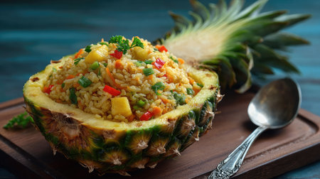 A vibrant dish featuring colorful fried rice served in a fresh pineapple half, perfect for tropical-themed events and culinary adventures.の素材