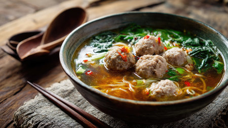 Enjoy a steaming bowl of meatball noodle soup featuring fresh vegetables, rich broth, and delicate noodles, perfect for a comforting meal.の素材