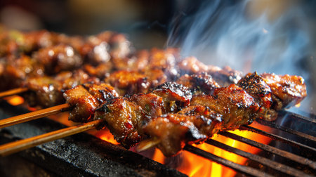Mouth-watering barbecue skewers cook over glowing flames, emanating smoke and rich aromas in a rustic outdoor setting, ideal for food enthusiasts.の素材