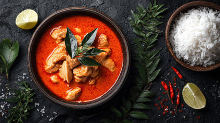 A vibrant chicken curry dish showcasing tender meat in a rich sauce, complemented by white rice and fresh herbs, perfect for culinary enthusiasts.の素材