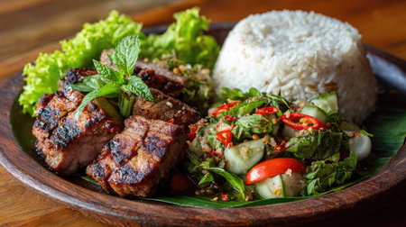 A beautifully arranged plate featuring grilled meat, fresh herb salad, and steamed rice, capturing the essence of Asian culinary traditions in a captivating way.の素材
