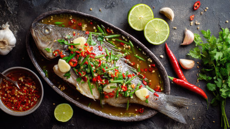 A beautifully arranged whole grilled fish garnished with fresh herbs, spices, and citrus, showcasing vibrant colors and appealing textures on a dark surface.の素材