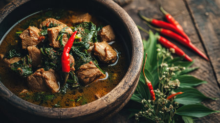 A vibrant serving of spiced meat stew featuring tender meat and fresh greens, garnished with red chilies, perfect for hearty meals and gatherings.の素材