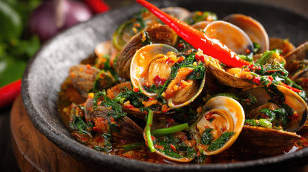 A visually striking seafood dish featuring fresh clams cooked with spicy chili and vibrant vegetables in a rustic bowl, showcasing culinary artistry.の素材