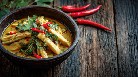 This captivating image showcases a bowl of spicy Thai curry, beautifully garnished with herbs and accompanied by red chili peppers, on a rustic wooden table.の素材