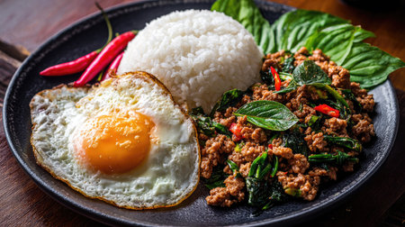 A vibrant plate featuring Thai basil stir-fry with savory minced meat, fragrant herbs, steamed rice, and a perfectly fried egg, garnished with red chilies.の素材