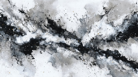 This abstract black and white artwork features dramatic textures and dynamic splashes, creating a captivating cosmic composition perfect for modern decor.の素材