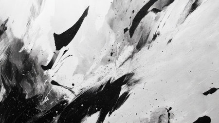 A striking abstract black and white artwork featuring dynamic brushstrokes and splashes on canvas, perfect for creative design and artistic exploration.の素材