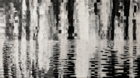 This abstract artwork features a captivating black and white reflection with geometric patterns, creating a serene and modern atmosphere perfect for decor.の素材