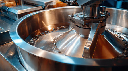 A close-up view of industrial equipment featuring a metal bowl and stirring mechanism used in food processing. The image showcases the precision and technology of commercial kitchen operations.の素材