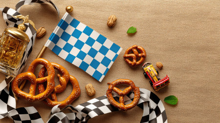 A vibrant arrangement of traditional Bavarian pretzels, a checkered flag, a beverage, and nuts creates a festive atmosphere for celebrations.の素材