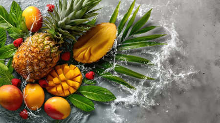 A vivid display of fresh tropical fruits including pineapple, mango, and raspberries with splashes of water, showcasing vibrant colors against a dark grey background.の素材