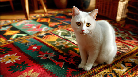 A serene white cat sits gracefully on a vibrant, patterned rug, showcasing the beauty of indoor living. Natural light enhances the cozy atmosphere, inviting warmth.の素材
