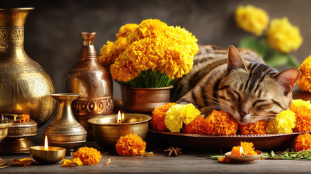A serene scene featuring a sleeping cat surrounded by vibrant marigold flowers and traditional decor, evoking warmth and tranquility. Candles add soft lighting.の素材