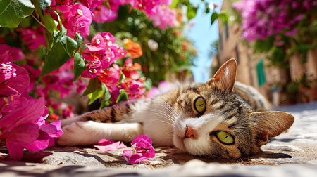 A serene scene of a domestic cat lying comfortably amidst vibrant pink bougainvillea flowers, showcasing natureの素材