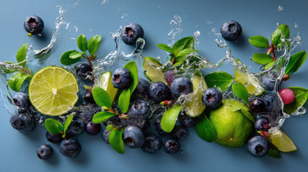 A stunning composition of fresh blueberries and limes splashing in water, surrounded by green leaves. Perfect for health, nutrition, or food themes.の素材