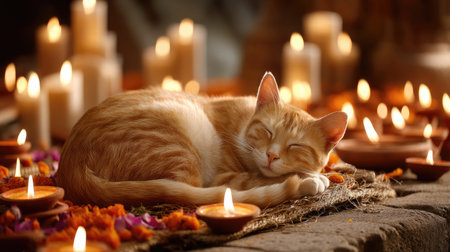 A serene scene capturing a ginger cat peacefully sleeping amid glowing candles and vibrant flower petals, evoking a warm and cozy atmosphere.の素材
