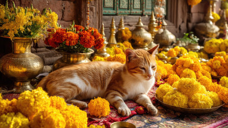 A serene cat peacefully rests surrounded by vibrant marigold flowers, creating an enchanting and colorful atmosphere in a traditional setting.の素材