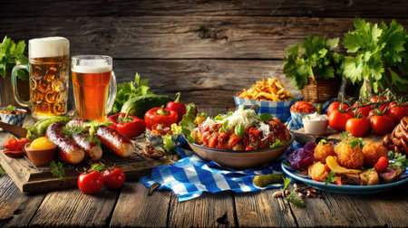 A vibrant display of hearty dishes including sausages, fresh vegetables, and savory snacks accompanied by chilled beers, perfect for gatherings.の素材